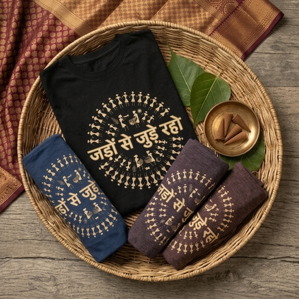 "जड़ों से जुड़ा रहा" Tribal Art Oversized T-Shirt – Cultural Heritage Graphic Tee