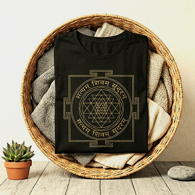 Sri Yantra Sacred Geometry T-Shirt – Minimalist Spiritual Black Tee with Gold Mandala Design