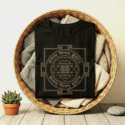 Sri Yantra Sacred Geometry T-Shirt – Minimalist Spiritual Black Tee with Gold Mandala Design