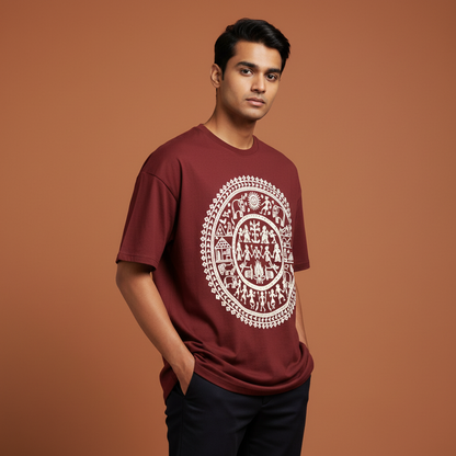 Warli Art Tee - Maroon, Hands in Pocket