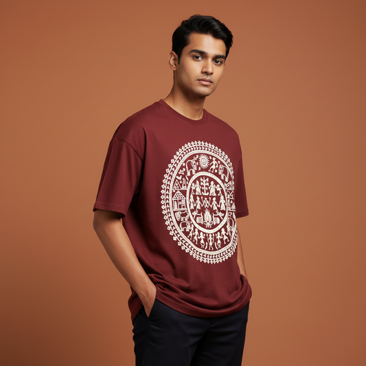 Warli Art Tee - Maroon, Hands in Pocket