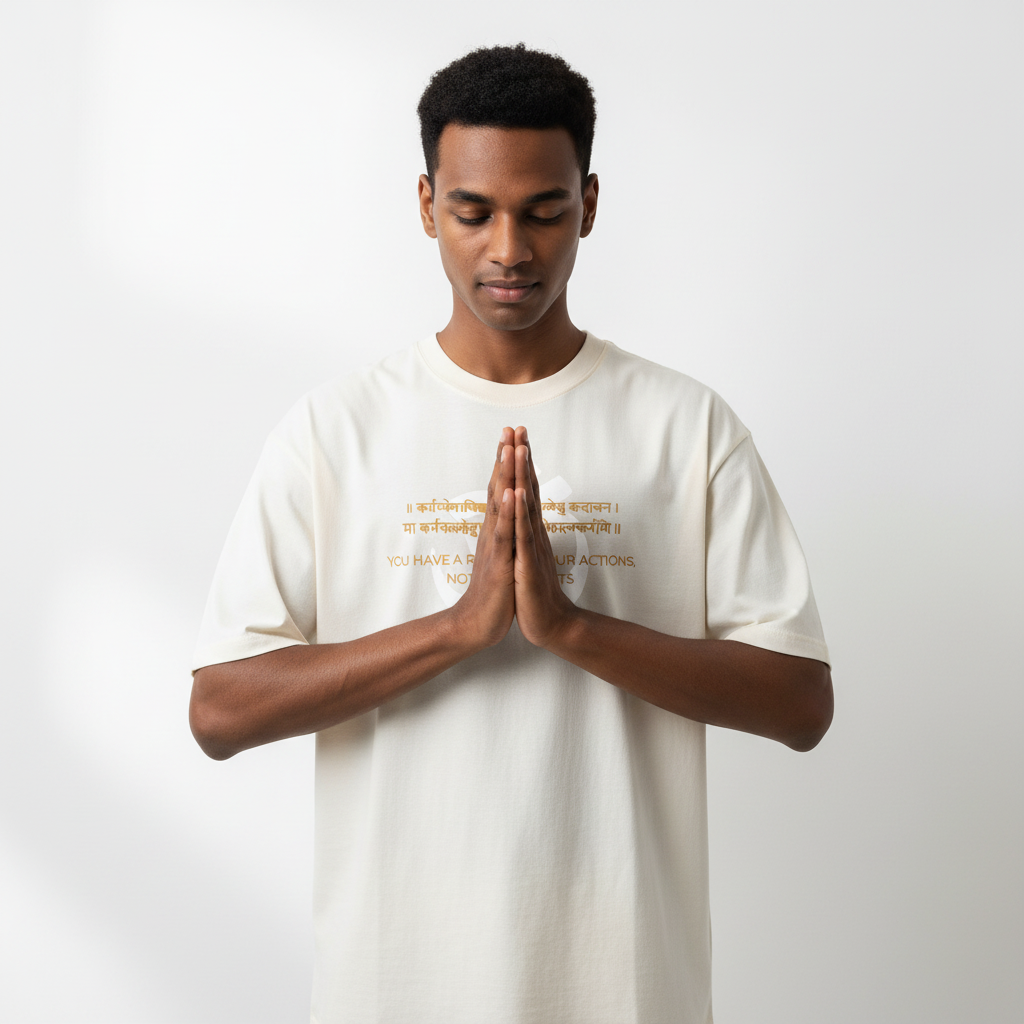 Bhagavad Gita Tee - Namaste Pose, White Studio