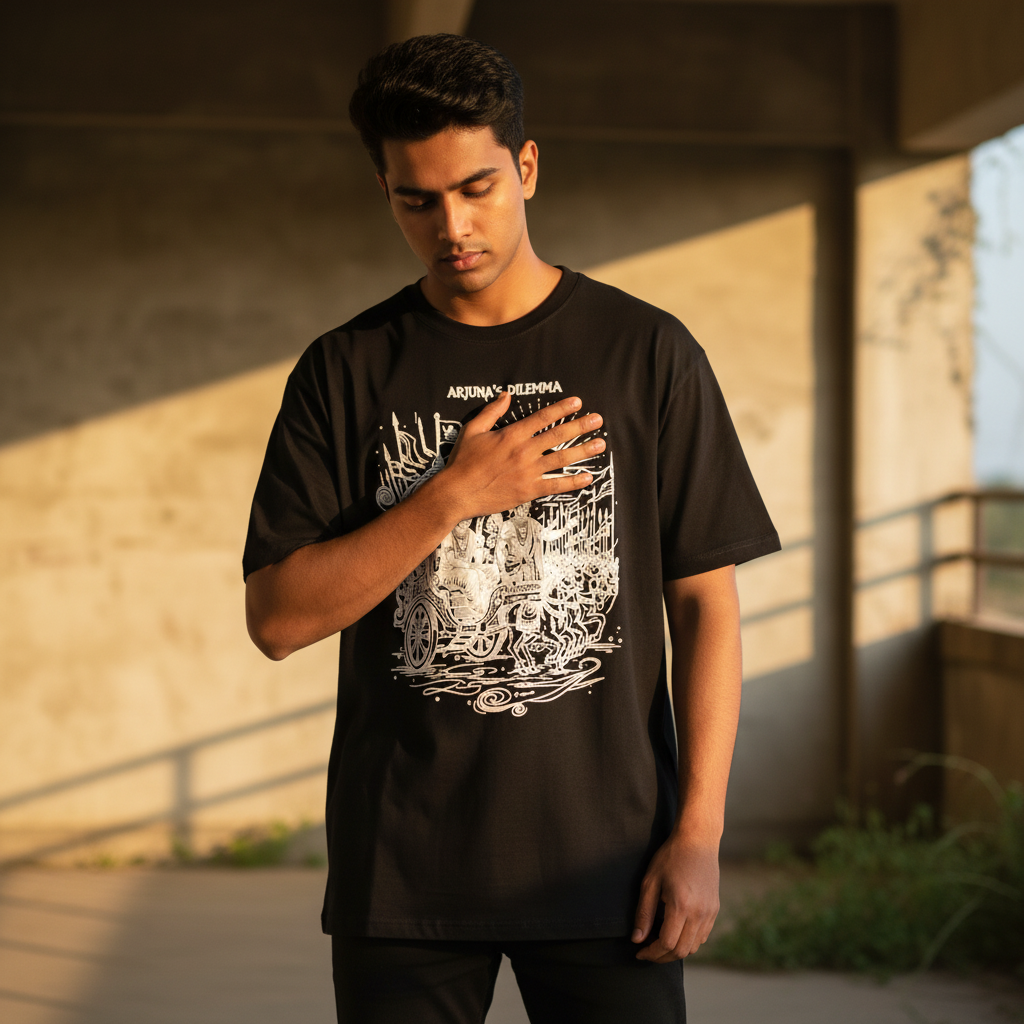 Arjuna's Dilemma Tee - Hand on Chest, Golden Hour