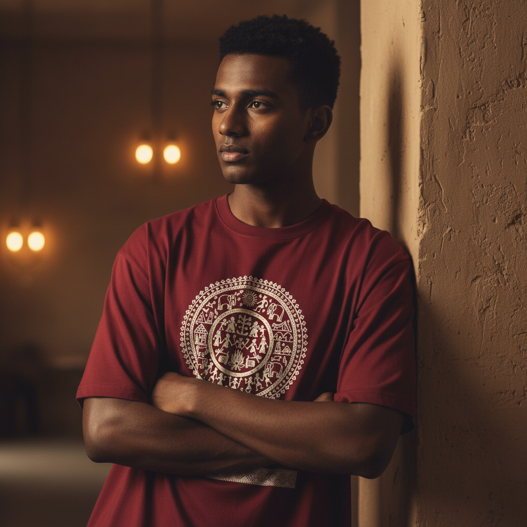 Warli Art Tee - Maroon, Leaning Wall
