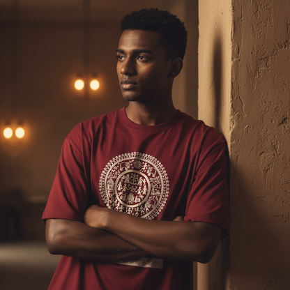 Warli Art Tee - Maroon, Leaning Wall