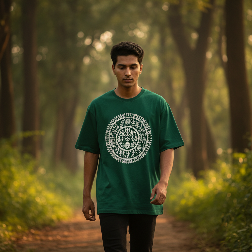 Warli Art Tee - Bottle Green, Golden Hour Walk