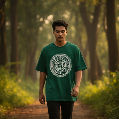 Warli Art Tee - Bottle Green, Golden Hour Walk