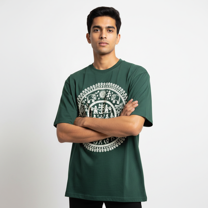 Warli Art Tee - Bottle Green, Arms Crossed
