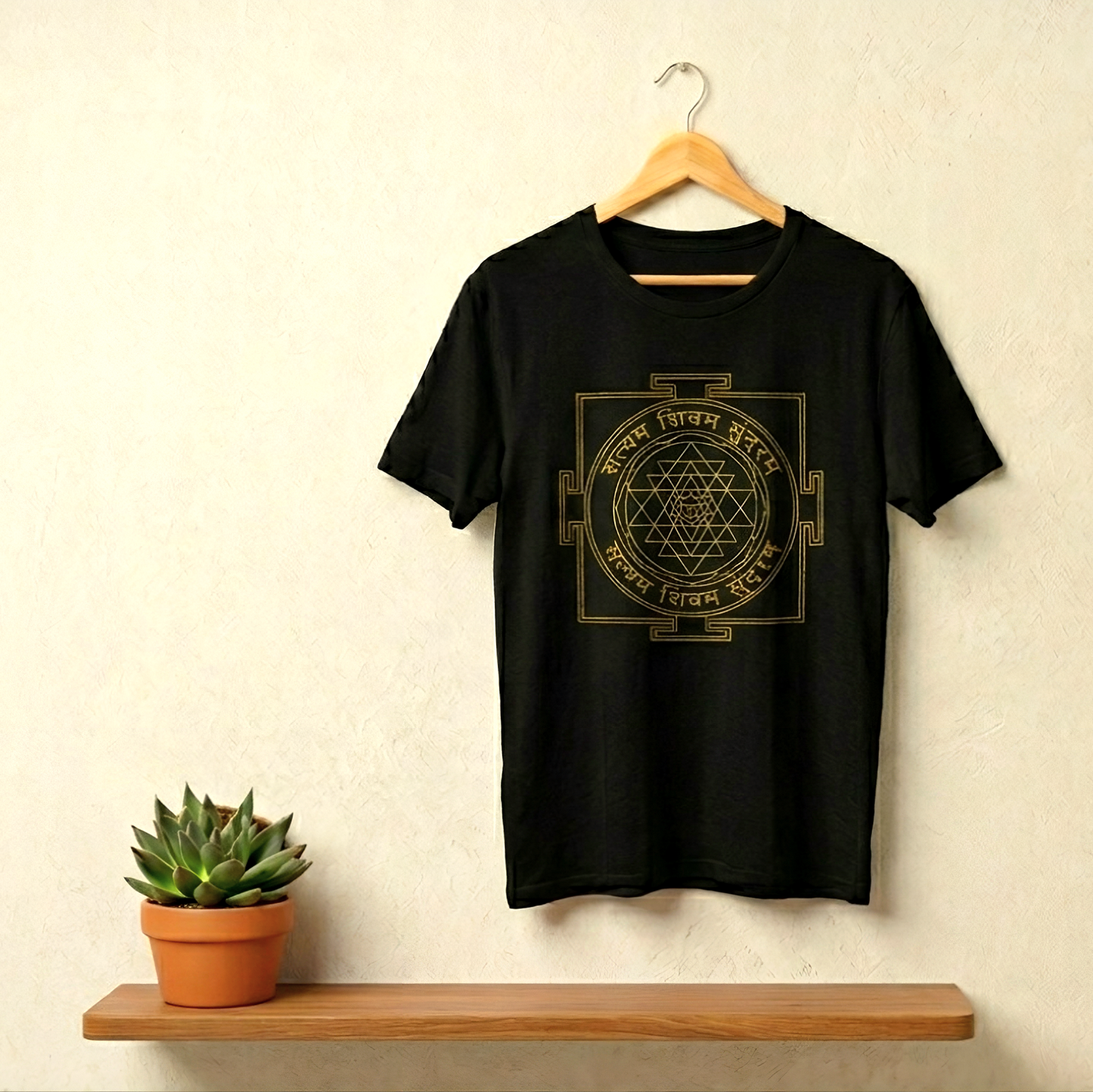 Sri Yantra Sacred Geometry T-Shirt – Minimalist Spiritual Black Tee with Gold Mandala Design