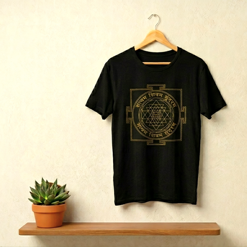 Sri Yantra Sacred Geometry T-Shirt – Minimalist Spiritual Black Tee with Gold Mandala Design